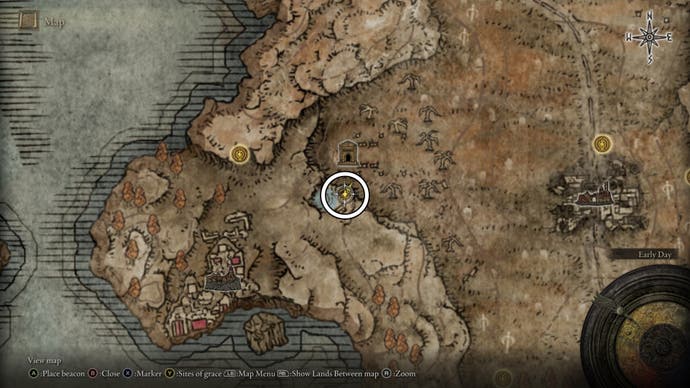 A map screen from Shadow of the Erdtree showing the location of the Revered Spirit's ashes in the Gravesite Plain near Prospect Town.