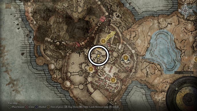 A screenshot of the location of the Site of Grace Revered Spirit Ashes in the Belurat Tower settlement on the Elden Ring Shadow of the Erdtree map.