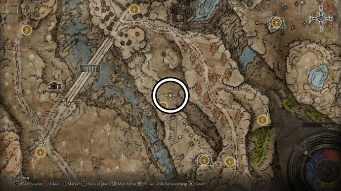 Screenshot of the Revered Spirit Ashes location in the Ellac River Cave on the Elden Ring Shadow of the Erdtree map.