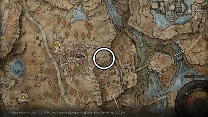 Screenshot east of Moorth Ruins Revered Spirit Ashes location on the Elden Ring Shadow of the Erdtree map.