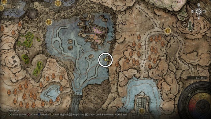 A map screen from Shadow of the Erdtree showing the location of Honored Cleric Ash near the Ruins of Unte