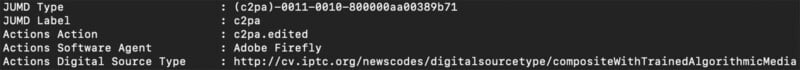 Screenshot showing metadata information.  Data includes: UUID Type, UUID Label ('Capa'), Action (creation and modification details), Software Agent ('Adobe Firefly') and Digital Resource Type ('http://cfr.iptc.org/... ').  .