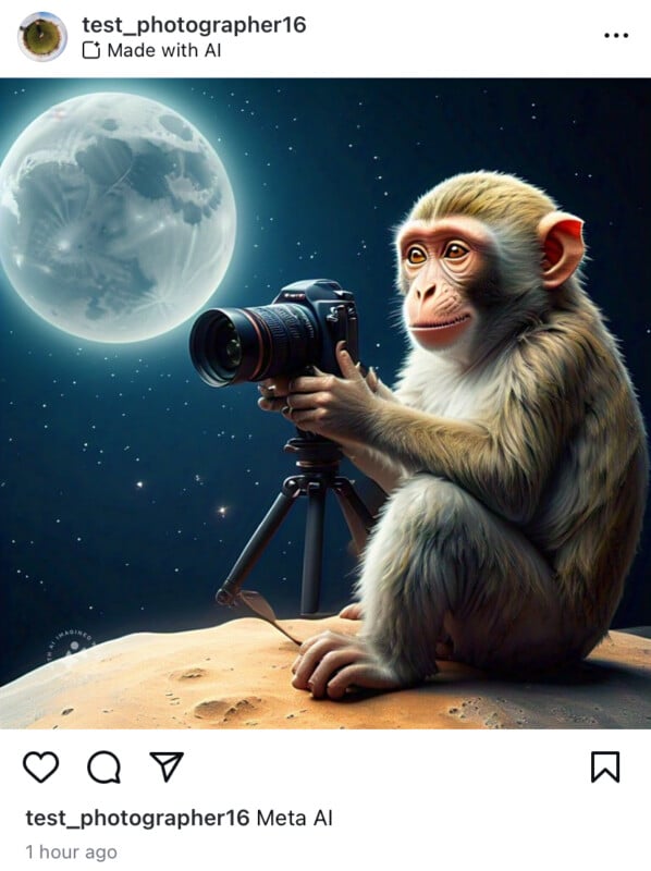 A monkey holds a camera on a tripod and aims at a large full moon in the night sky.  The moon looks detailed and bright and the monkey is sitting on a rocky surface.  The caption of the Instagram post reads: "Meta AI.