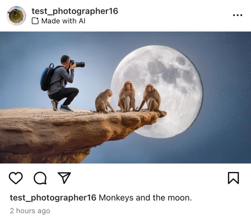 Crouching on a rocky ledge, the photographer captures images of three monkeys perched on an adjacent narrow cliff edge with a large full moon in the background.  The scene is surreal and otherworldly.