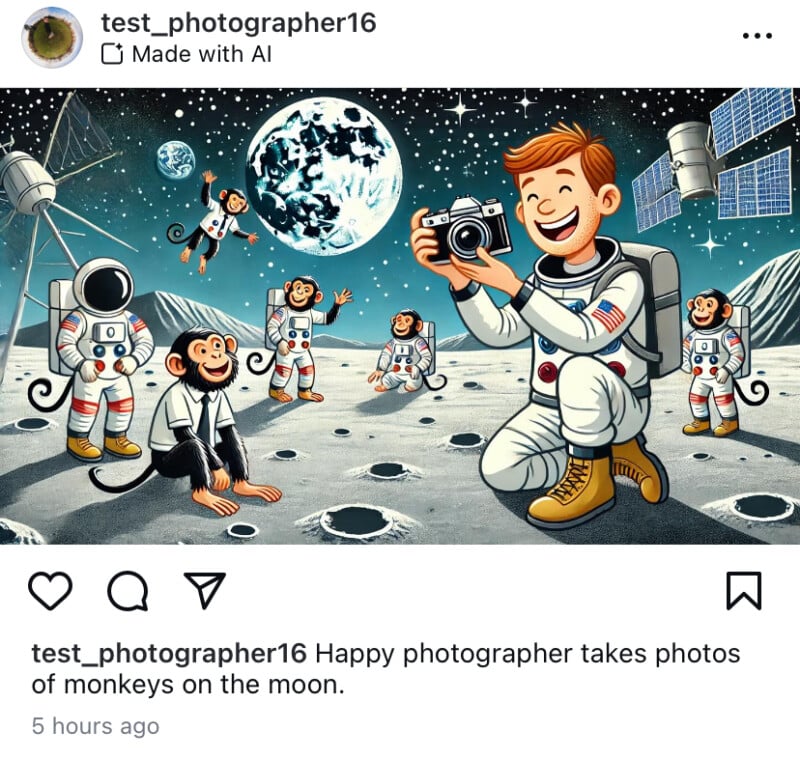 Illustrated image of a smiling astronaut photographer taking pictures of monkeys on the moon.  The background contains space elements such as the earth, stars and satellites.  The monkeys are also wearing spacesuits and playfully posing.