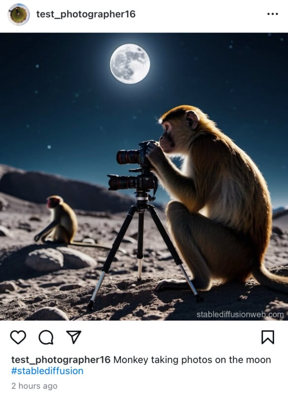 A monkey sits on the moon and uses a camera on a tripod to take pictures under a bright full moon.  Another monkey is seen in the background sitting on the rocky lunar surface, with Earth faintly visible in the distance.