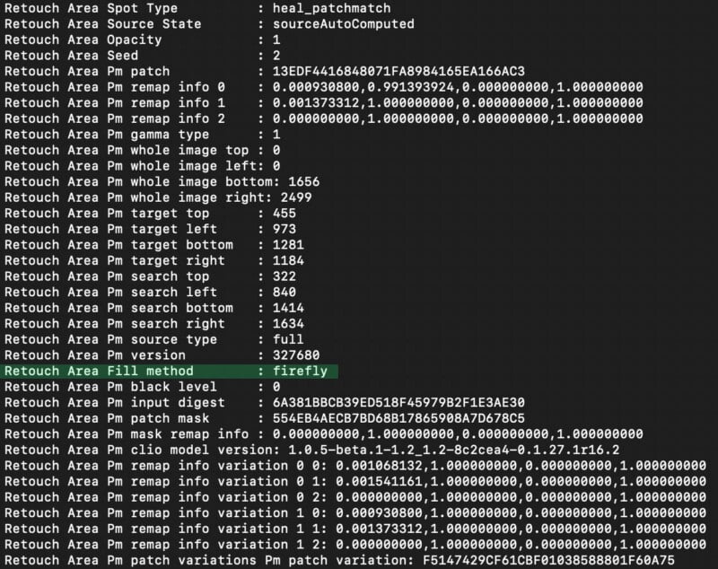 A screenshot of the code or data file with the various parameters listed.  It includes concepts like "retouch area," "resource status," "Opacity," and numerous numerical values ​​and codes.  Highlights one line "Method of fulfillment" as "firefly" The text is displayed in a single color font.