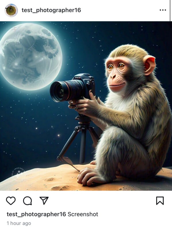 A monkey sits on a rocky surface under a starry night sky using a camera mounted on a tripod.  The full moon is clearly visible in the background.  The image is a screenshot from a user's Instagram post "test_photographer16".