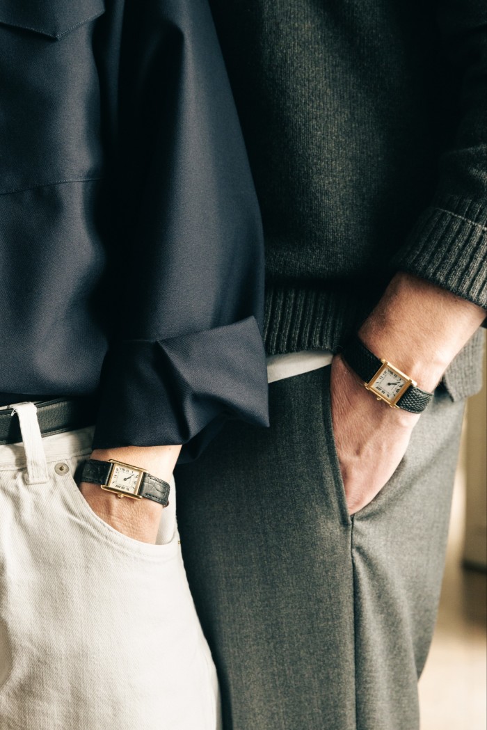 Pierre Mahéo and his wife wear Vintage Cartier Tank watches