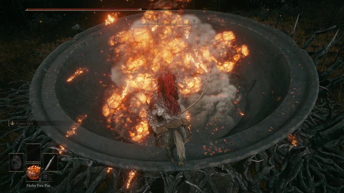 Elden Ring Shadow of the Erdtree screenshot showing the player character throwing fire pots into a stone chalice