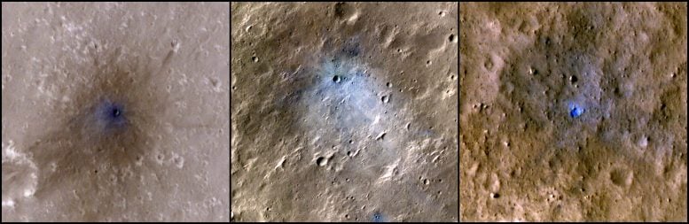 A collage of a meteoroid impact crater on Mars