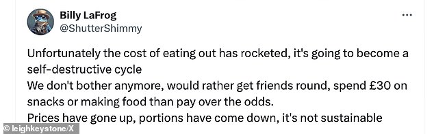 People shared the customer's frustration, saying the price of eating out had 