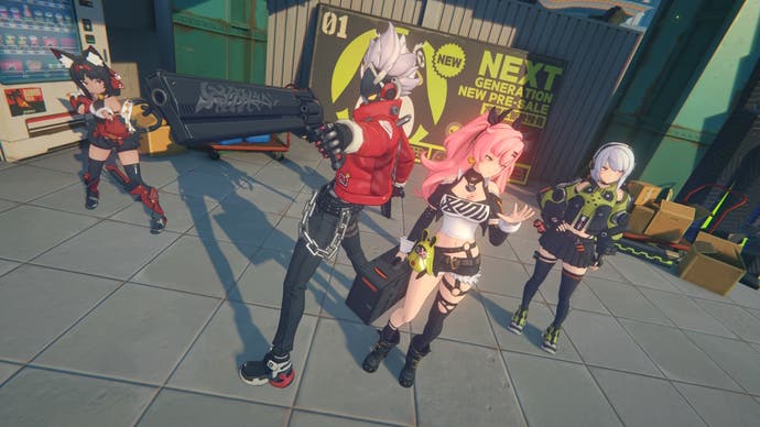 The Cunning Bunnies gang from Zenless Zone Zero pose, including Billy, Nicole, Anba, and Nekomata.