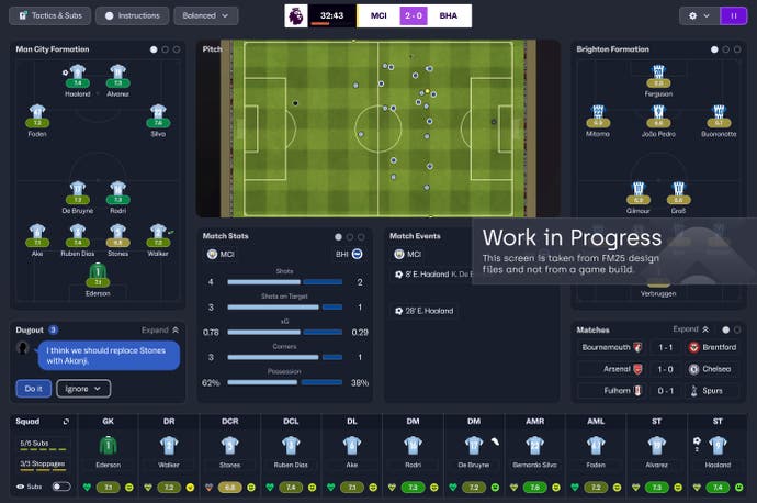 Official FM25 work in progress image showing the new highlight screen during a match