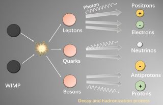 Diagram showing the encounter and annihilation of WIMPS to produce other particles, including photons.