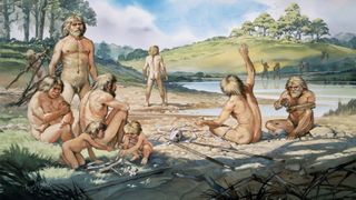 Illustration of a group of Neanderthals