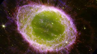 pink and green gas cloud in space