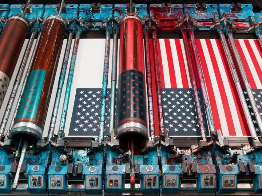 American flags in production for rotary screen printing