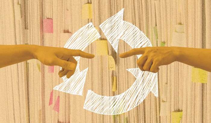 An illustration showing two hands pointing to each other against a background of paper files.