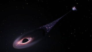 Illustration of a black hole moving away from its galaxy with a trail of stars behind it.