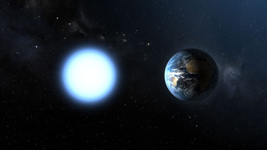 a glowing blue star floats in space next to an earth-like planet of the same apparent size.