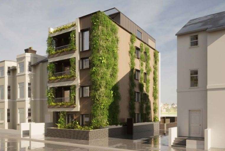 The new flats at West Cliff Gardens will feature vertical planting in an effort to reflect the wooded landscape of St Mary & St Eanswythe Parish Church nearby.