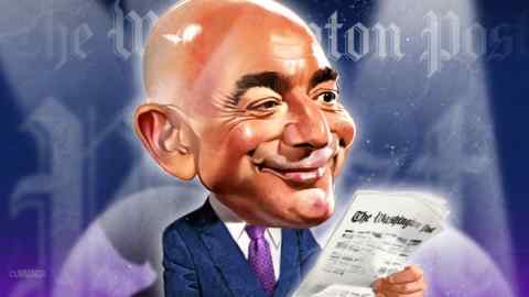 Illustration of Jeff Bezos in a suit and tie holding a copy of the Washington Post