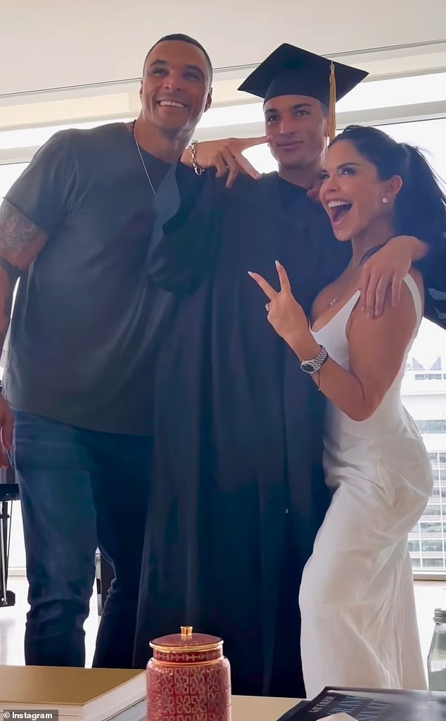 Lauren Sanchez stunned in a low-cut white dress as she and Jeff Bezos celebrated her son Nikko's graduation alongside her ex Tony Gonzalez.