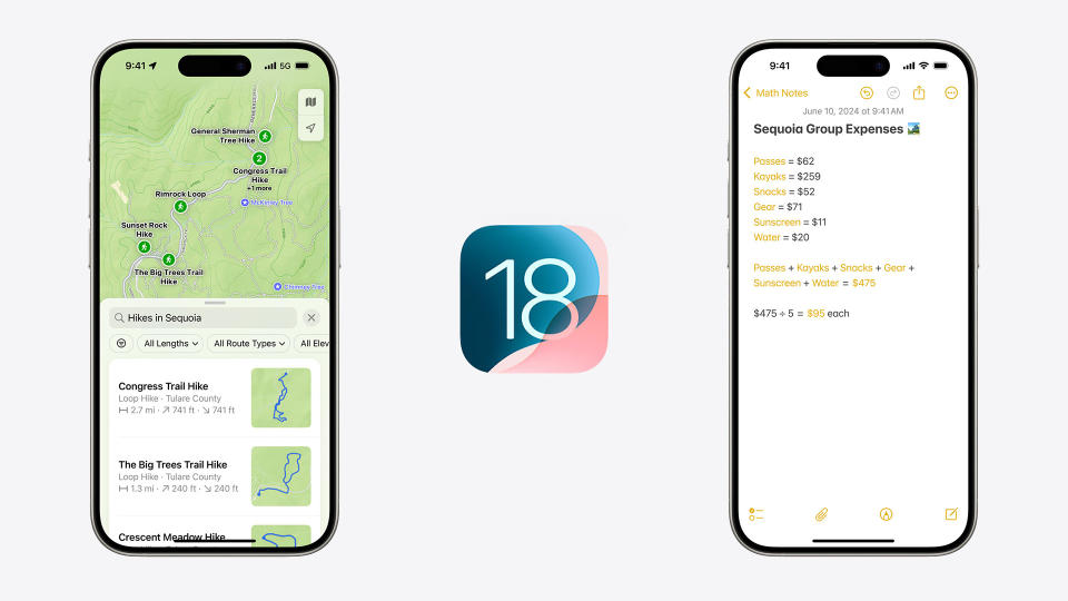 Two iPhones separated by the iOS 18 logo, showing the Maps app and the Notes app.