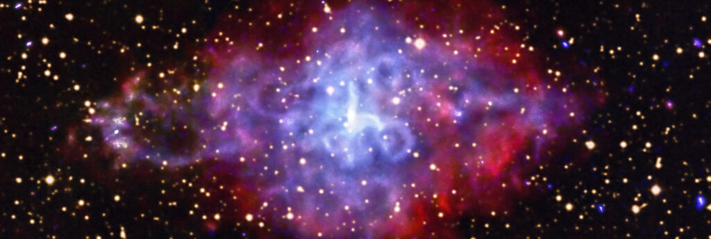 This is an image of the leftovers from an exploded star called 3C 58, shown in X-ray and optical light. At the center of the remnant is a rapidly spinning neutron star, called a pulsar, that presents itself as a bright white object that's somewhat elongated in shape.