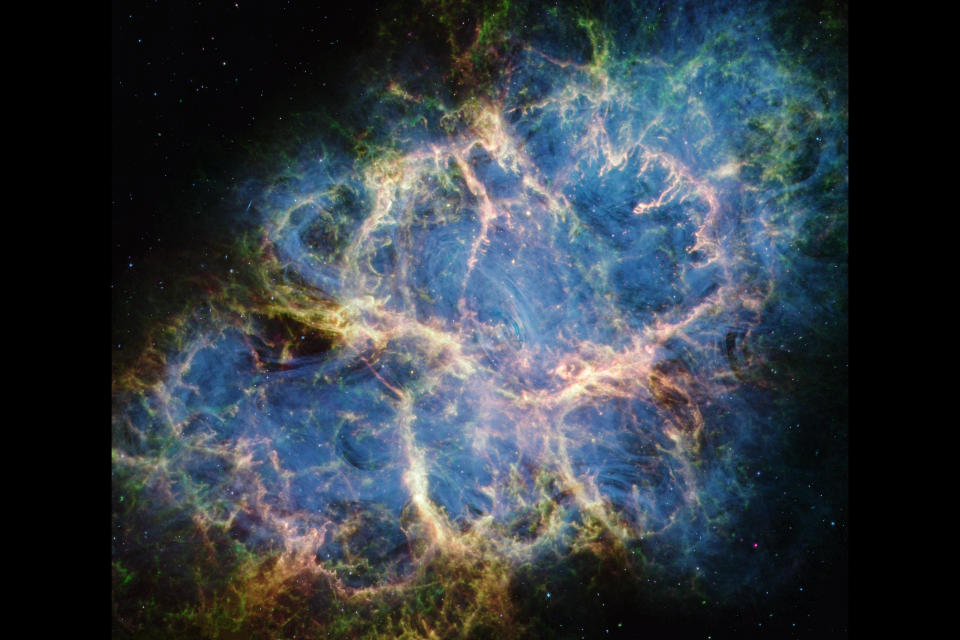 This image from NASA's James Webb Space Telescope NIRCam and MIRI shows various structural details of the Crab Nebula.