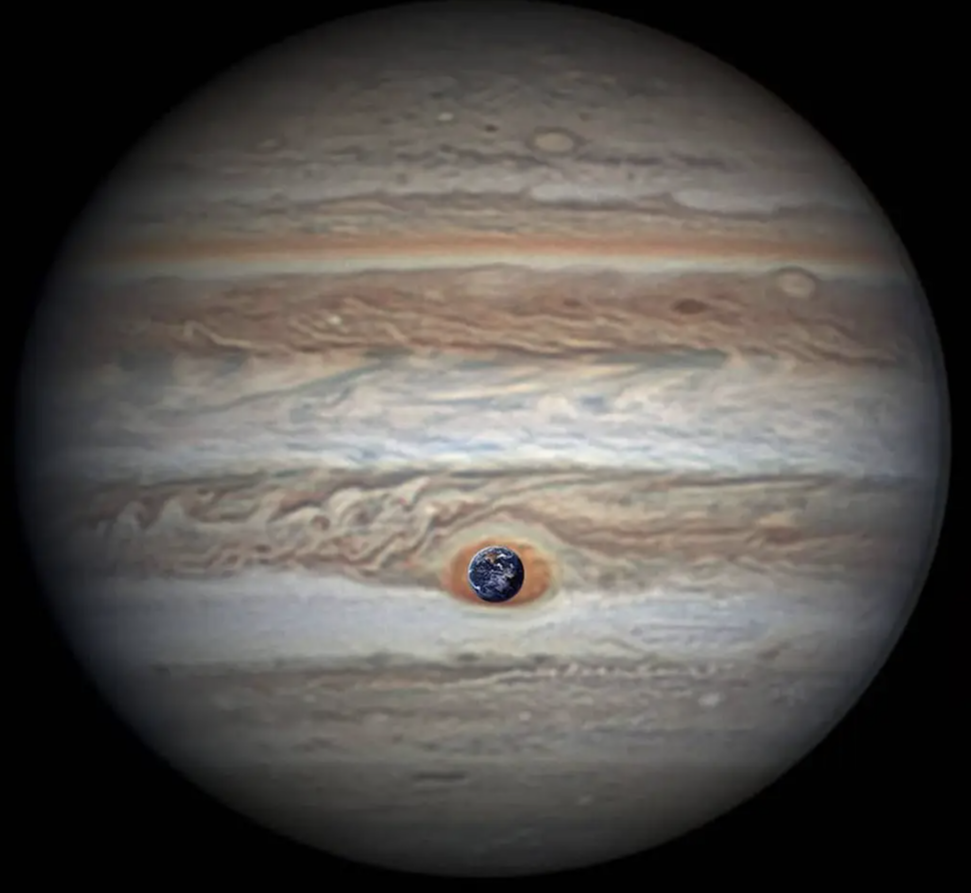 The Great Red Spot as seen in April 2017, with Earth overlaid. 