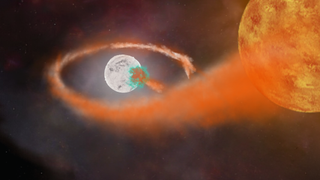 Illustration of a white sphere surrounded by a trail of orange gas leading to a glowing star in the upper right of the scene.