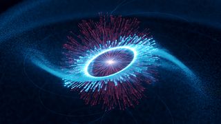 An artist's rendering of the Vela pulsar in the center and its magnetosphere, the edge of which is marked by a bright circle.  The blue traces moving outward represent the paths of the accelerated particles.  These produce gamma rays along the arms of the rotating spiral by colliding with infrared photons emitted in the magnetosphere (red).