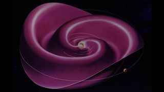 The sun is in the center and a swirling purple sail stretches far into the solar system.  It looks a bit like a dance skirt that billows and ruffles as you spin.