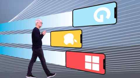 Montage of images of Tim Cook and three iPhone screens in the background with Google, Apple and Windows logos