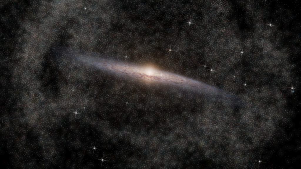 A bright white disk with an orange sphere at its center against a dark background and surrounded by white smoke