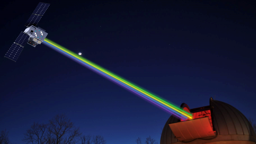 a red-light hued domed observatory beams four lasers, violet, indigo, yellow and green, from an opening in its roof into the night sky which connect to a large satellite in the sky.