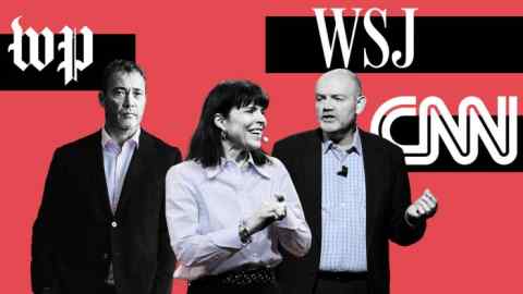 A montage of Will Lewis, Emma Tucker and Mark Thompson and The Washington Post, Wall Street Journal and CNN logos