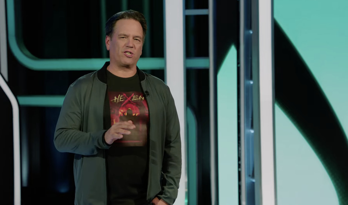 Phil Spencer wears a Hexen box art t-shirt during the Xbox Games Showcase 2023.