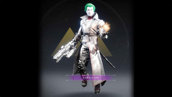 A screenshot of the green haired Destiny 2 player character overlaid with a caption 