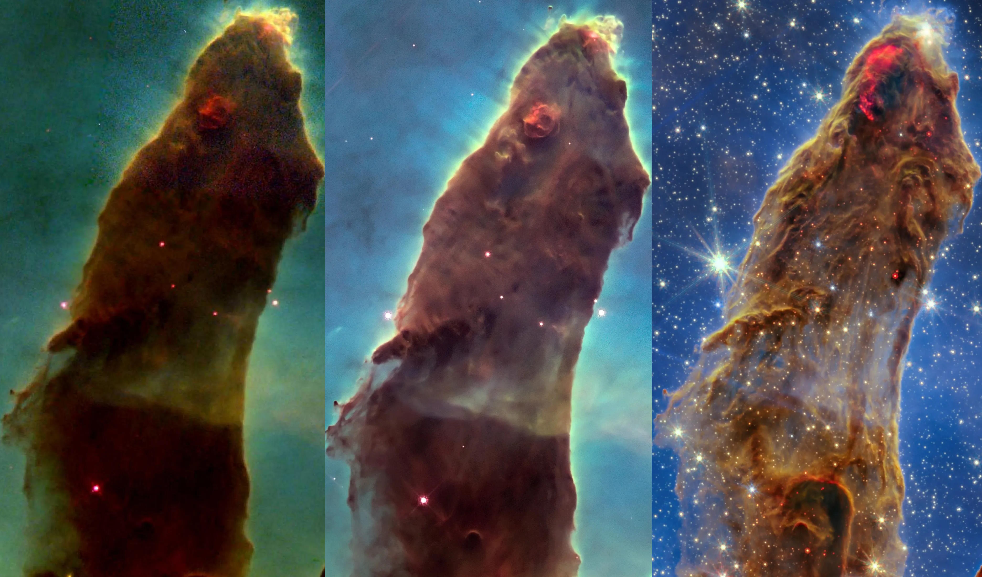 Three images of the same celestial column in the Eagle Nebula, known as the Pillars of Creation, taken by the Hubble (left, center) and James Webb (right) telescopes show progressive detail and color variations from green to blue to star fields.