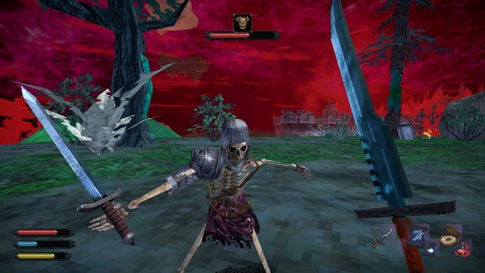 A skeleton attacks players in Dread Delusion.