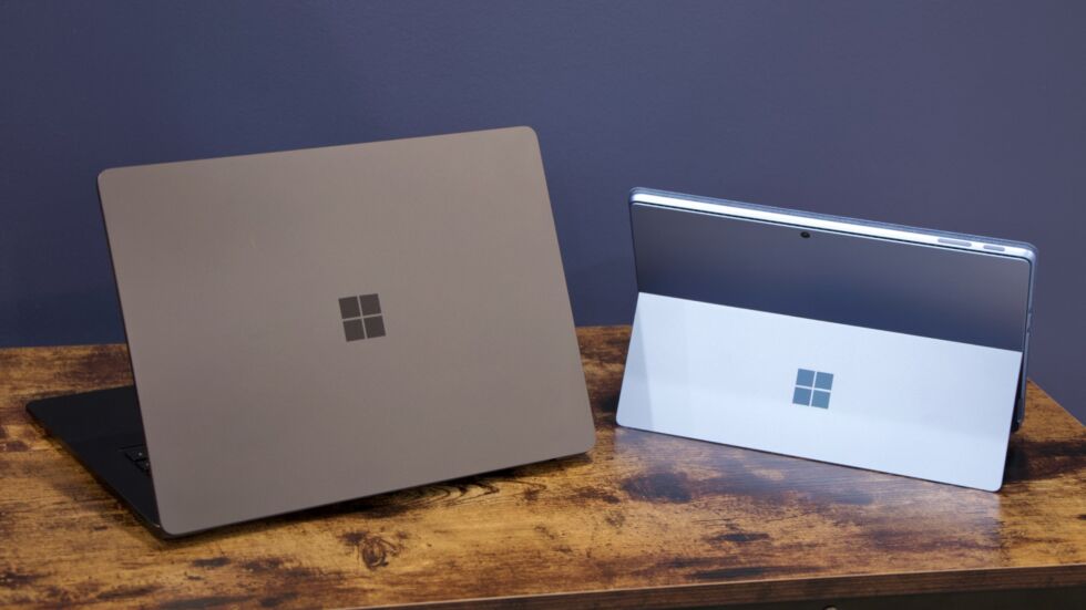 The Surface Laptop 7 (left) and Surface Pro 11 (right) are outwardly similar or identical to their Intel-powered predecessors. 