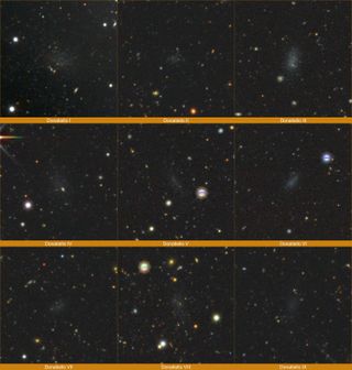 Several images of space show the locations of dwarf galaxies.