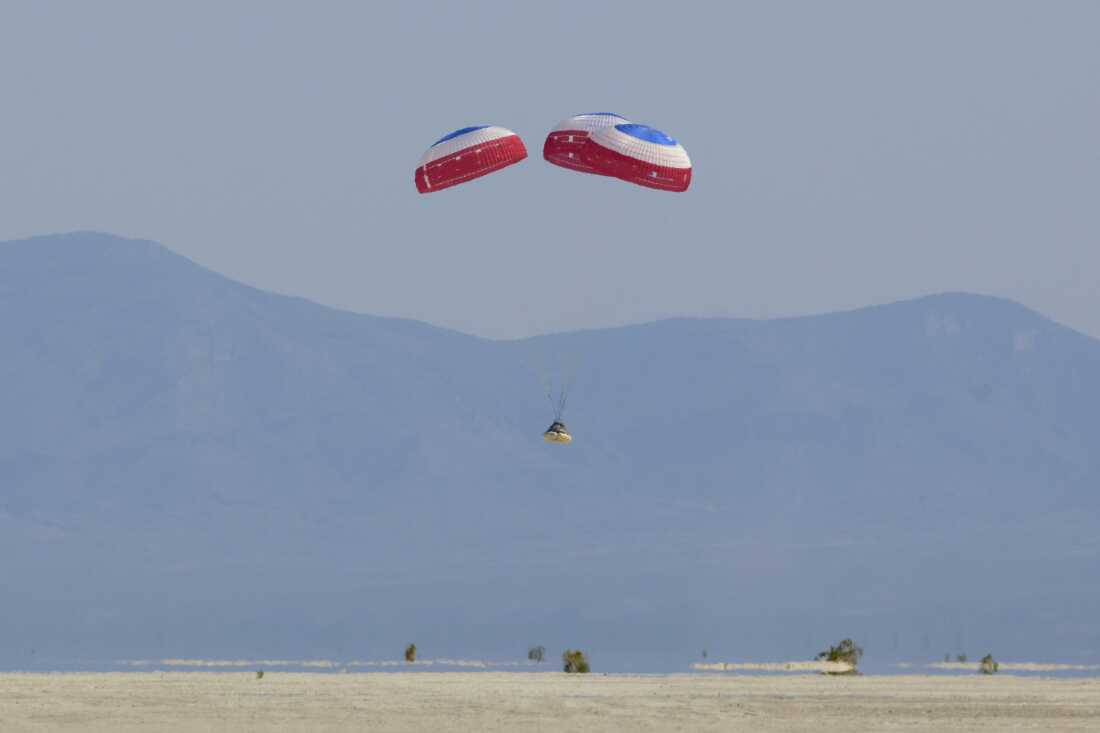 The Starliner will eventually land somewhere in the western U.S., just as it did in an unmanned flight test in 2022 (pictured).