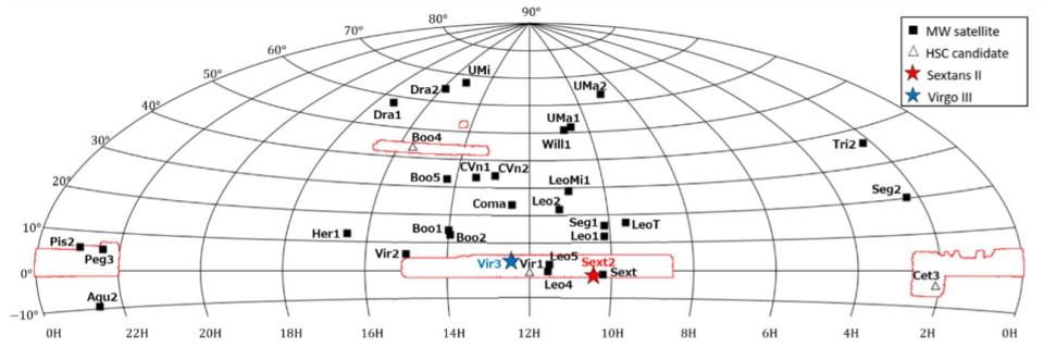 Grid in the shape of a globe with black squares, a blue star and a red star