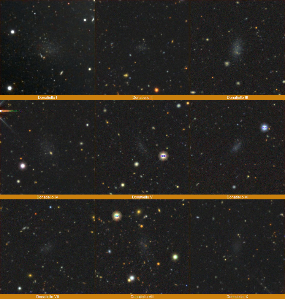 Several images of space show the locations of dwarf galaxies.