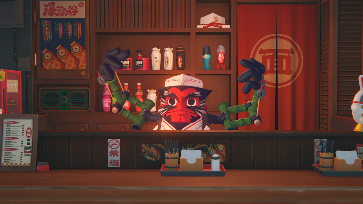 A red yokai with robotic arms stands behind a noodle bar waiting for your order in Zenless Zone Zero