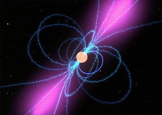 An orange sphere with blue arcs connecting its poles and tapering purple clouds along an inclined axis passing through it